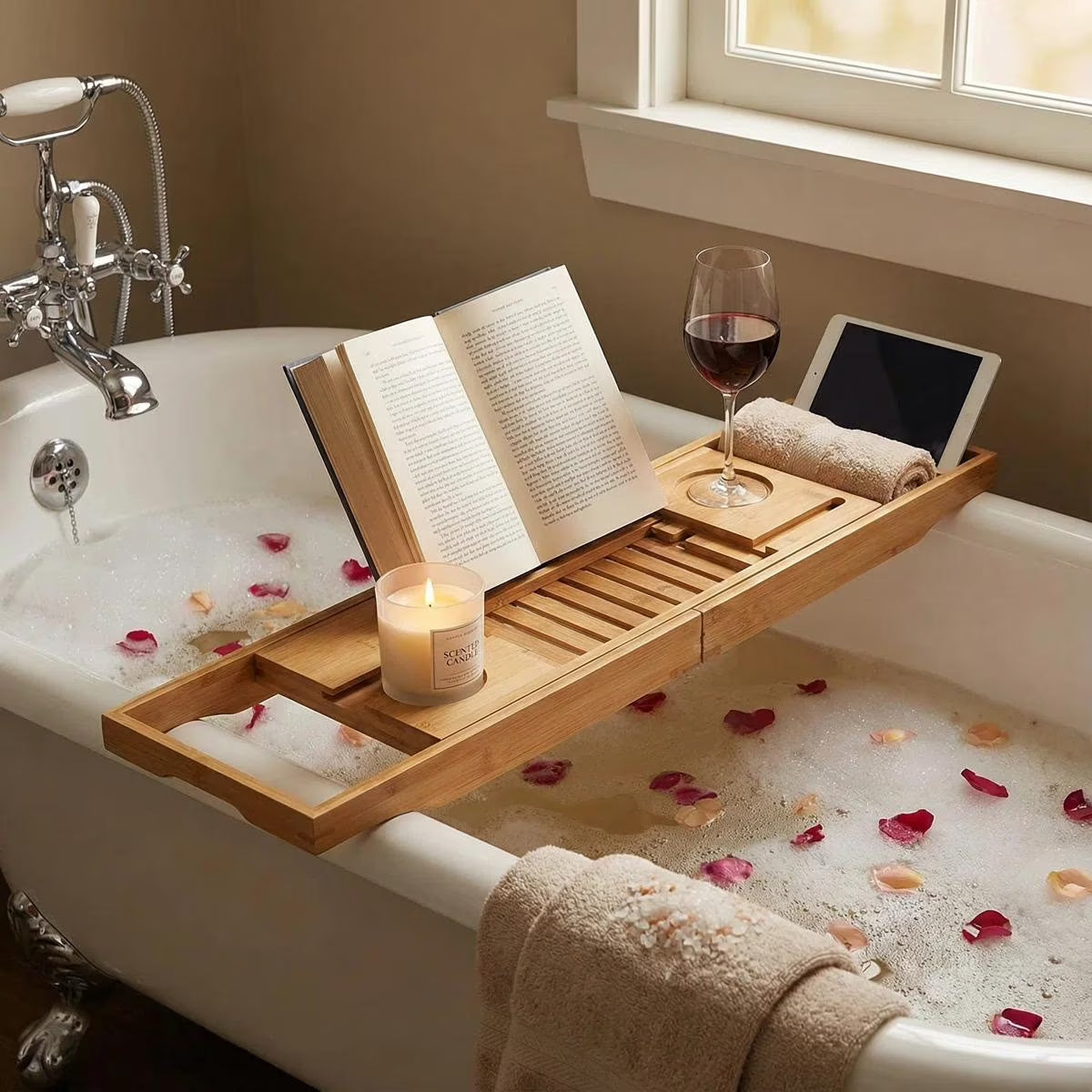 BambooSpa Deluxe – Bandeja Extensible de Bambú para Bañera con Soporte para Libro y Copa