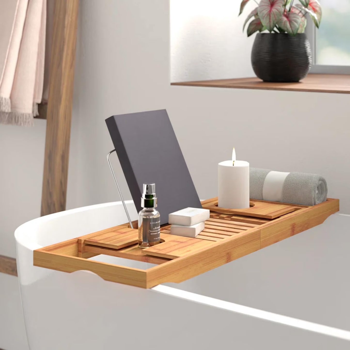 BambooSpa Deluxe – Bandeja Extensible de Bambú para Bañera con Soporte para Libro y Copa