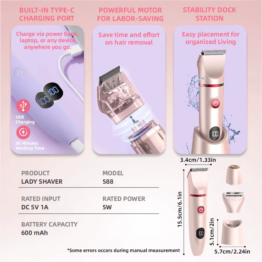 3In1 Hair Removal Shaver Trimmer for Women Men Rechargeable Replaceable Blade Head Full Body Electric Razor Portable Epilator