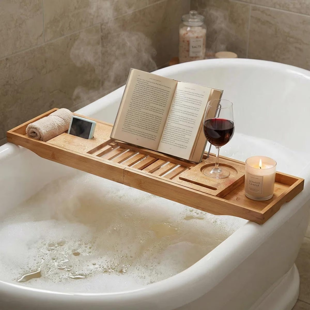 BambooSpa Deluxe – Bandeja Extensible de Bambú para Bañera con Soporte para Libro y Copa