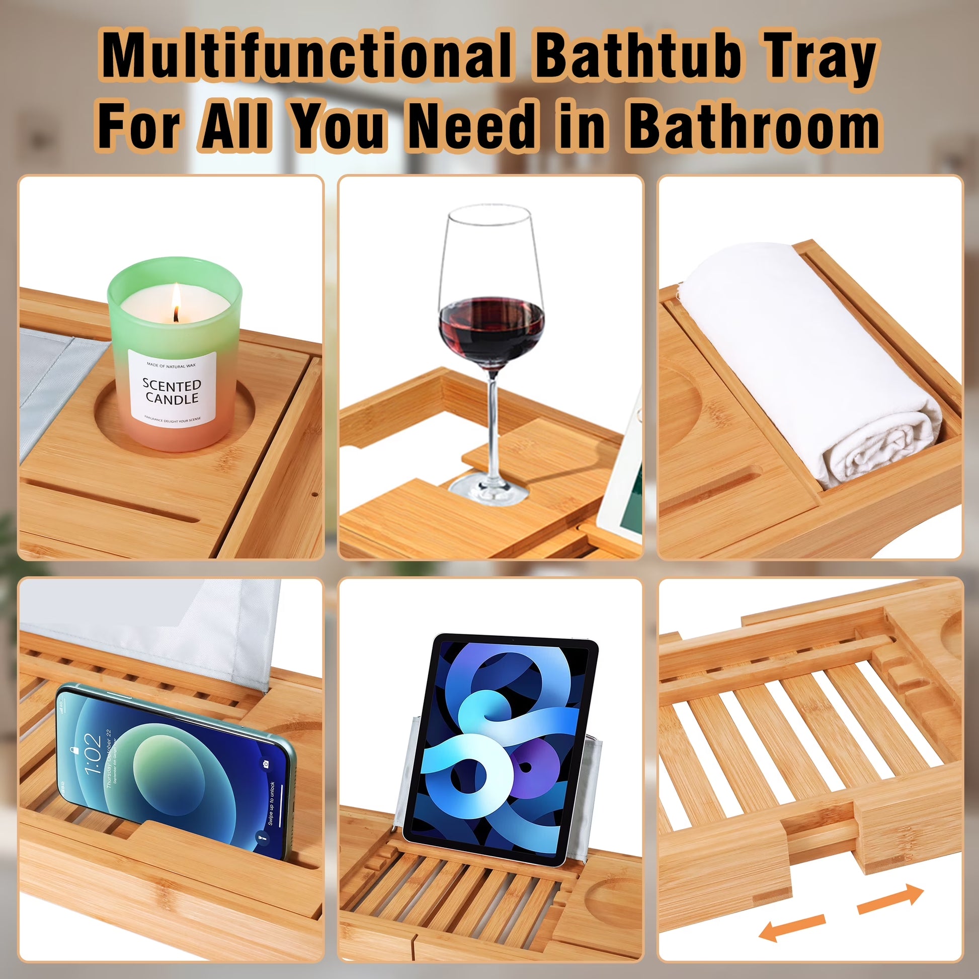 BambooSpa Deluxe – Bandeja Extensible de Bambú para Bañera con Soporte para Libro y Copa