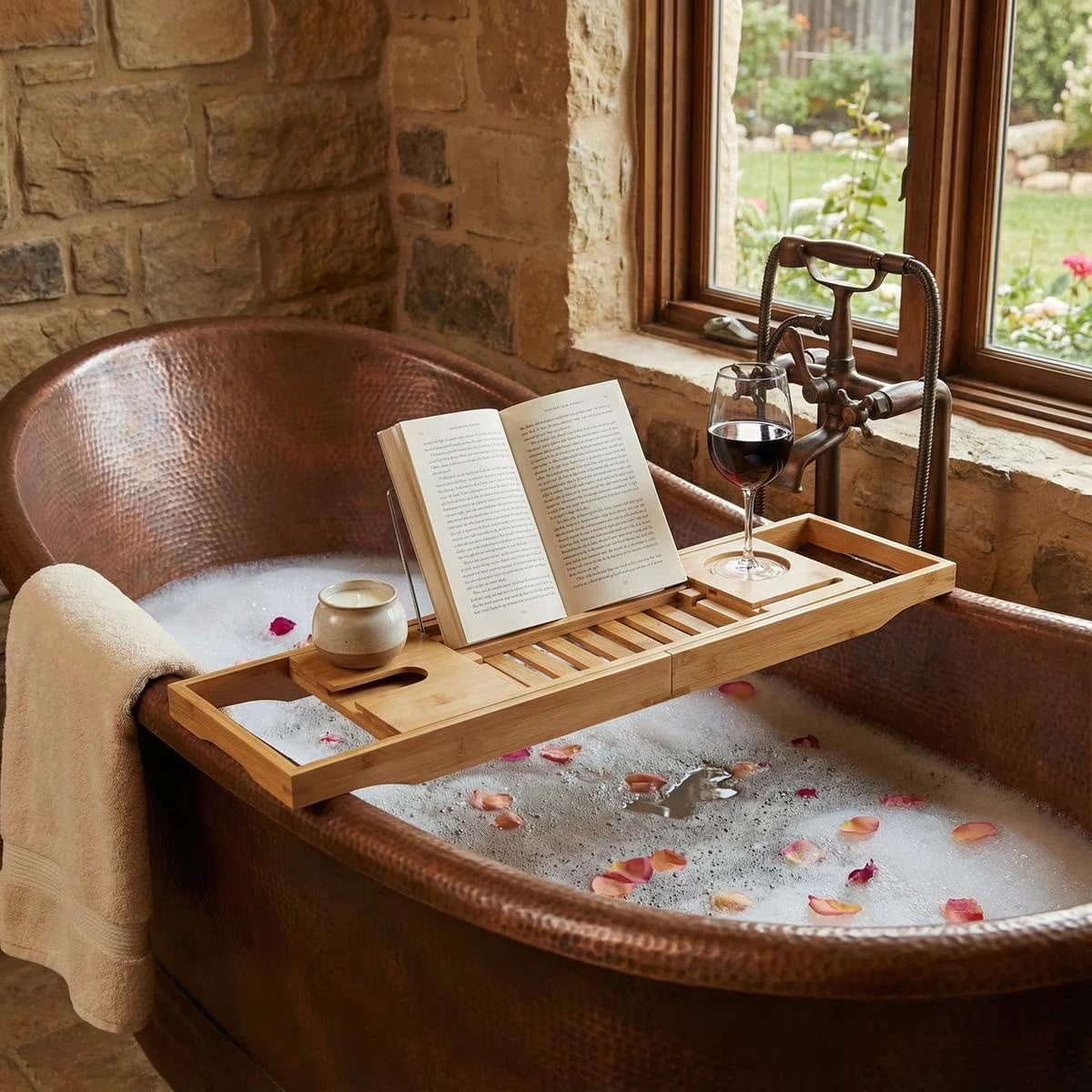 BambooSpa Deluxe – Bandeja Extensible de Bambú para Bañera con Soporte para Libro y Copa
