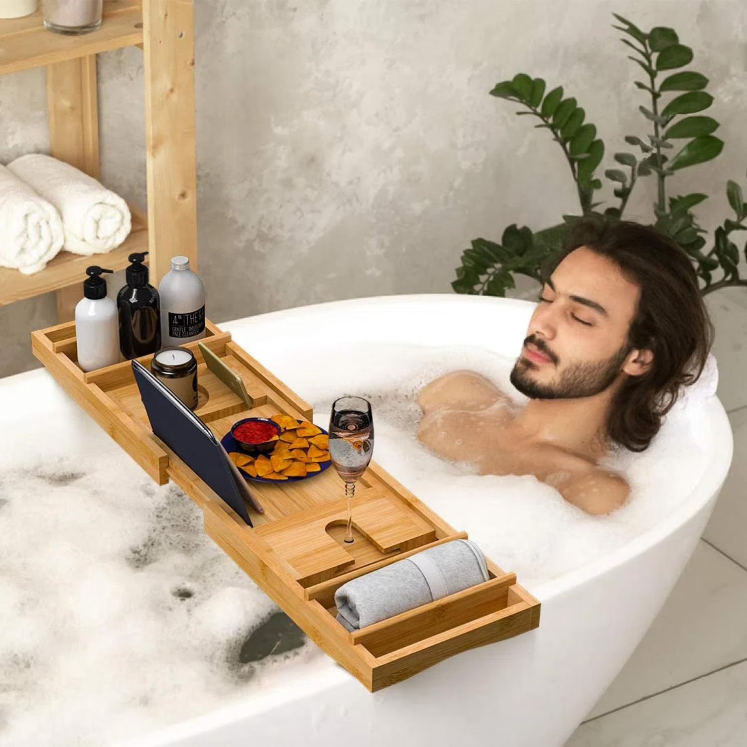 BambooSpa Deluxe – Bandeja Extensible de Bambú para Bañera con Soporte para Libro y Copa
