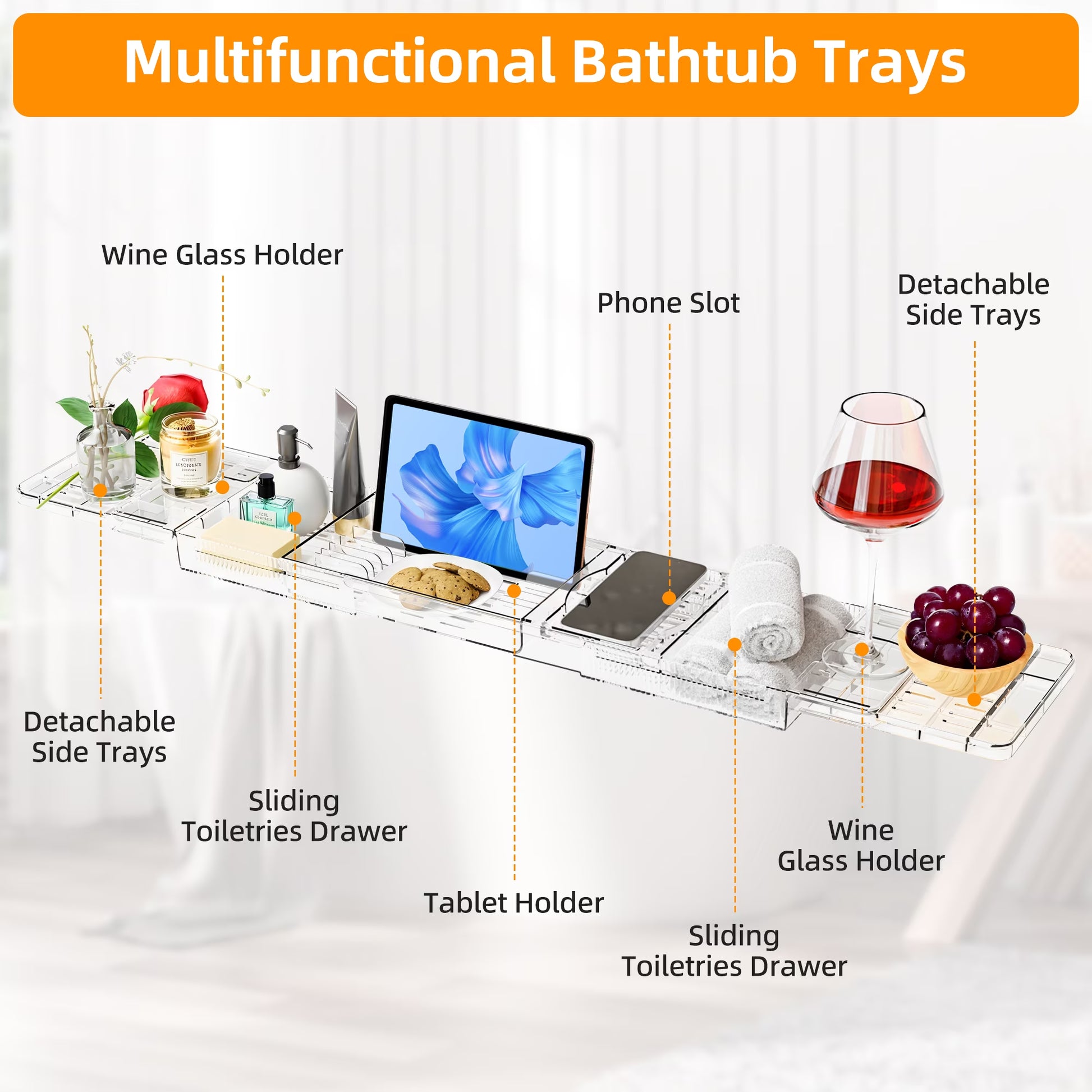 LuxeBath Crystal – Bandeja Extensible Transparente para Bañera